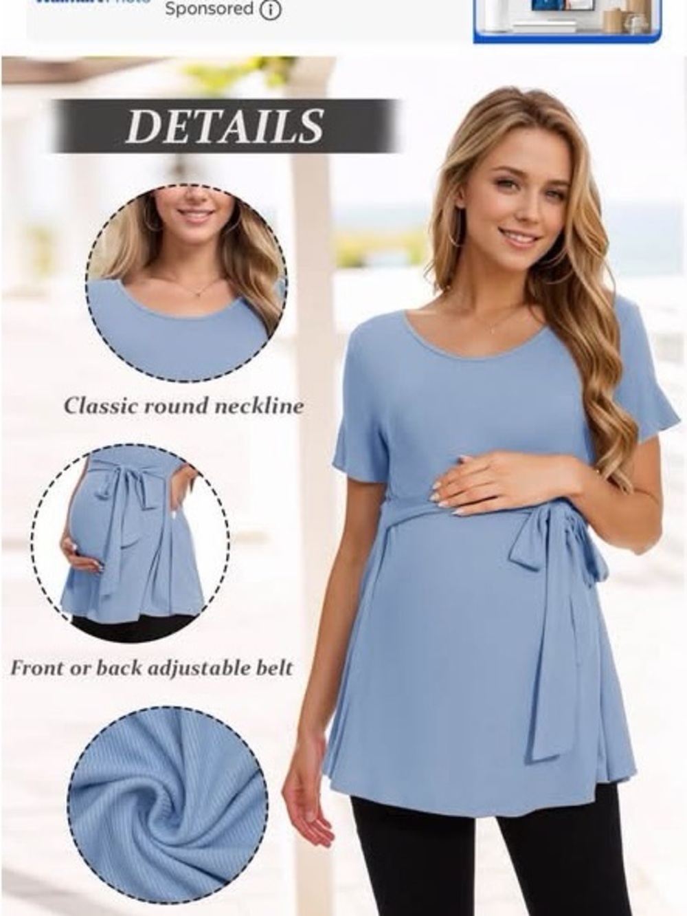 Women's Light Blue Tie-Waist Maternity Tunic Top